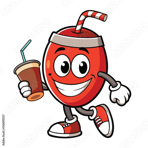 Cheerful cartoon drink character with smiling face holding a cup of coffee and straw