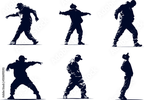 Silhouettes of hip hop dancers isolated on white background