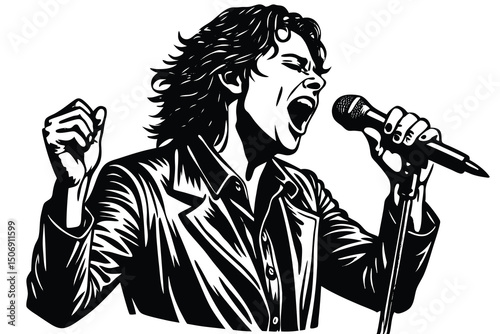 Energetic male singer performing with passion silhouette style illustration and white music performance scene