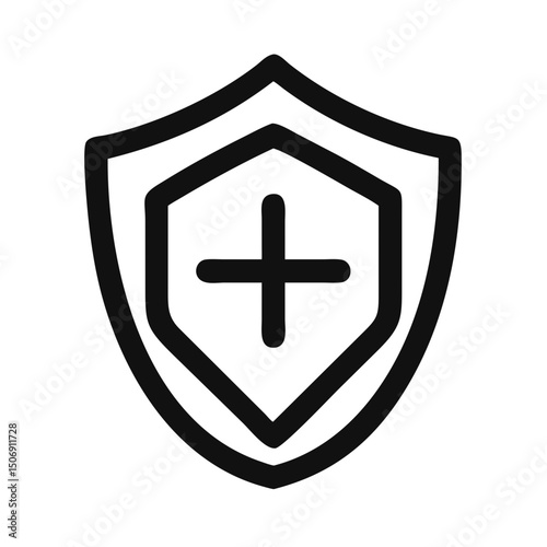 Security shield icon with plus symbol in dark gray