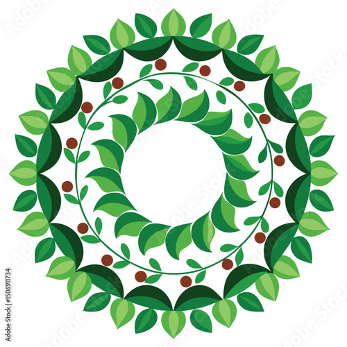 Geometric floral wreath design with green leaves and brown berries isolated on white background for decorative projects and seasonal greetings