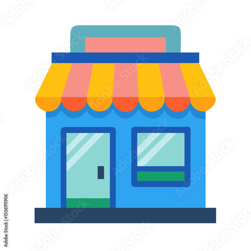 Colorful Cartoon Shop Illustration with Striped Awning on White