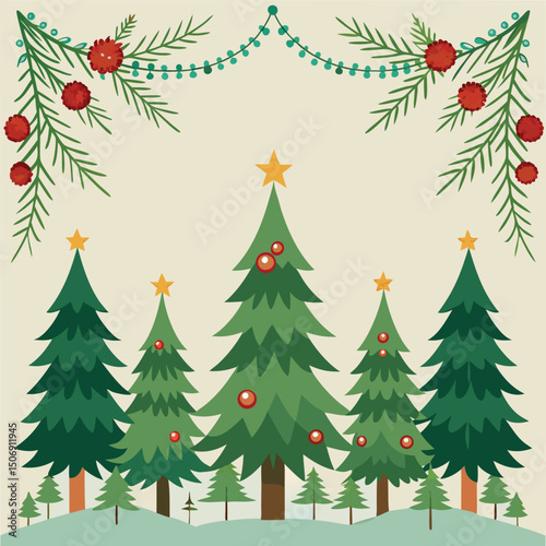 Festive christmas trees with berries and twinkle lights holiday season graphic vector illustration for festive backgrounds and greetings