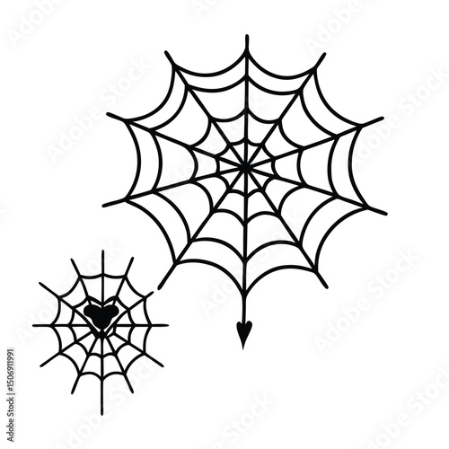  detailed line art illustration of two spider webs with heart shapes at their centers,