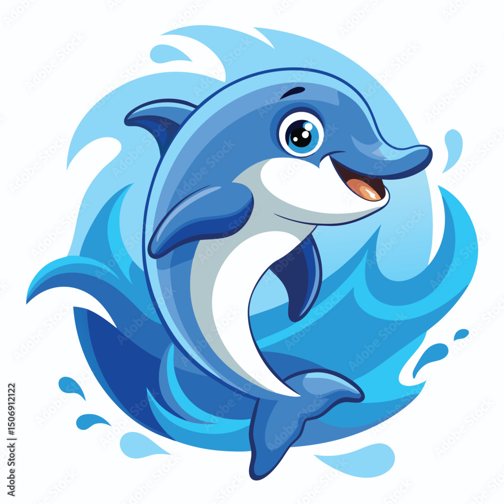Obraz premium Cheerful cartoon illustration of a jumping dolphin surrounded by waves of blue water for fun themes