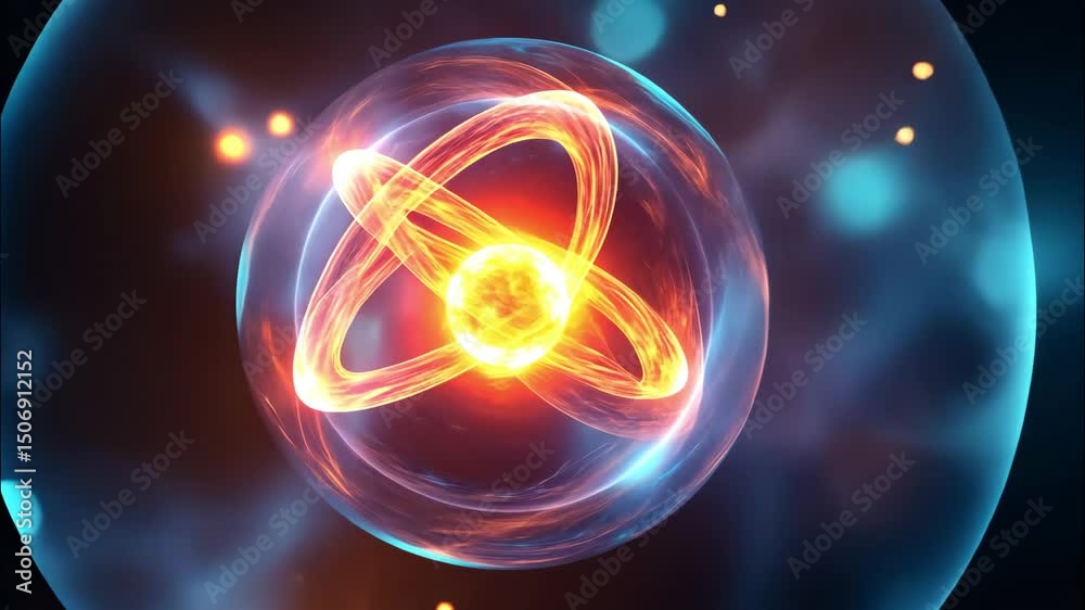 Bright atomic swirl glowing in a futuristic space background