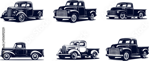 Collection of vintage pickup trucks isolated on white background