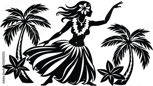 Hawaiian hula dancer silhouette with palm trees and tropical flowers in and white design