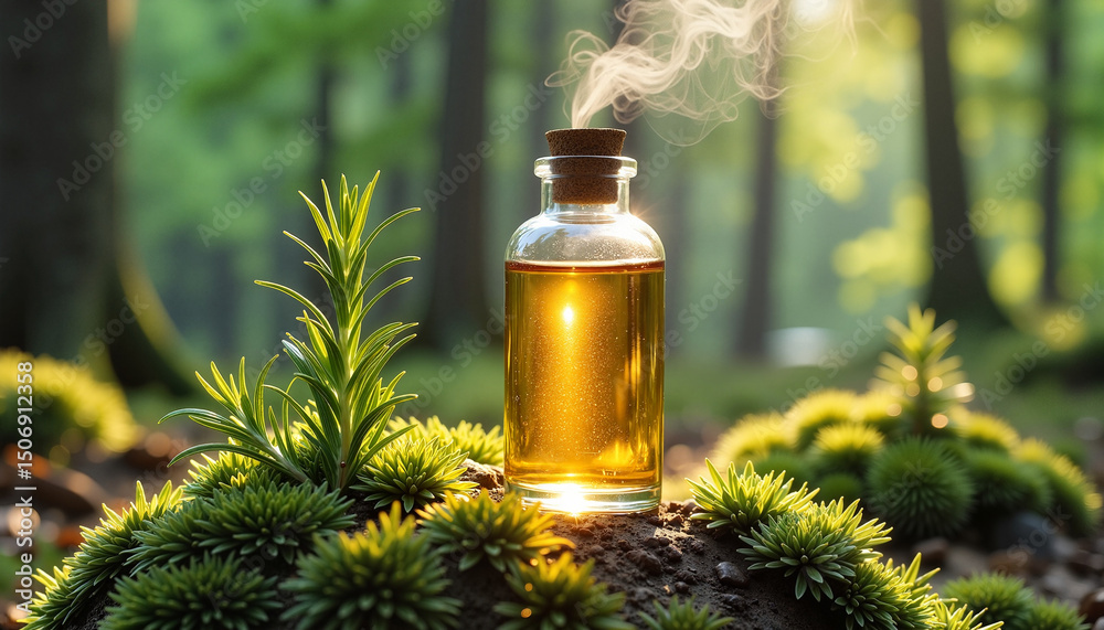 Fototapeta premium Forest essence, golden elixir in a glass bottle with steam, wellness concept