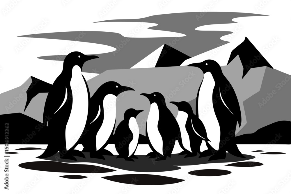 Fototapeta premium Penguin Family Graphic Illustration Antarctic Landscape Minimalist Design