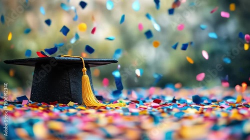 A classic black graduation cap takes center stage against a vibrant backdrop of colorful confetti, symbolizing the excitement and celebration of Graduation Day.	