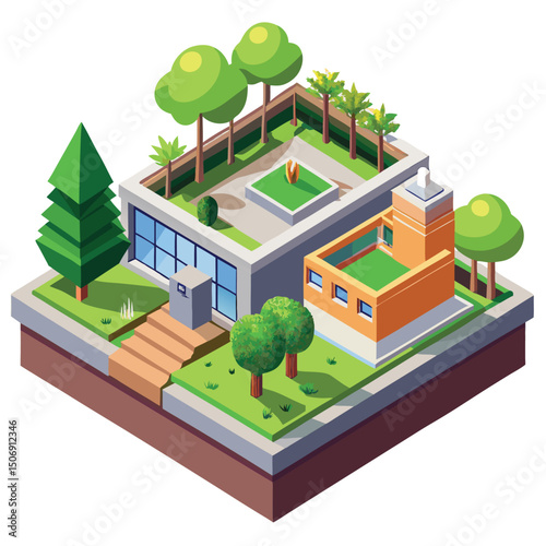 Isometric modern house with green roof garden and trees showing sustainable architecture and minimalist design creating an eco friendly urban lifestyle