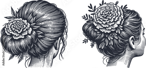 Marigold Flower Tucked in Elderly Woman’s Hair Bun Botanical Floral Woodcut Design Retro Nature Art Print Collection