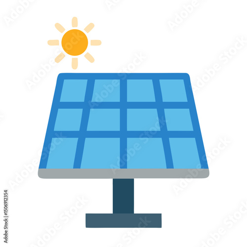 Simplified solar panel array illustration, sun, and White Background