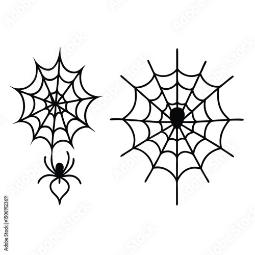  detailed line art illustration of two spider webs with heart shapes at their centers,