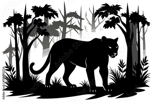 Panther Silhouette in a Forest Majestic Big Cat Stalking Through the Woods