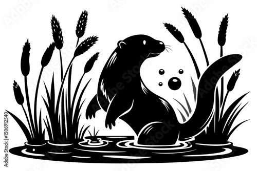 Otter Silhouette Among Cattails in Black and White Nature Scene