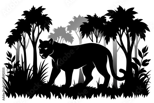 Black Panther Silhouette in Forest Isolated Wildlife Predator Graphic