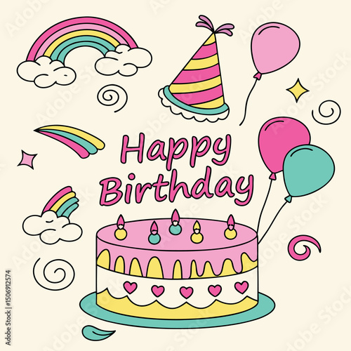 Happy Birthday cake and element vector.
