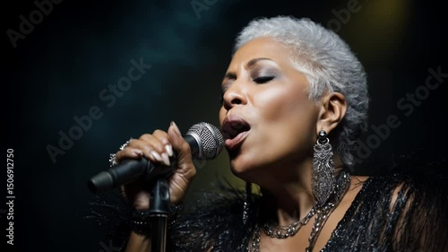 A senior African American woman with silver hair passionately singing on stage, holding a microphone.
