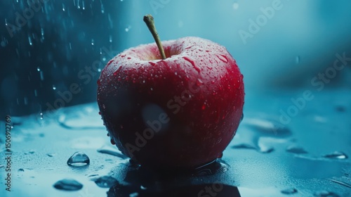 Rain-soaked red apple on dark surface, bokeh background, food photography