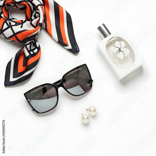 Stylish Sunglasses Scarf and Perfume Flat Lay Fashion Photography