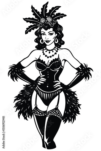Sensual burlesque dancer with feathered headdress and boa illustration and white design