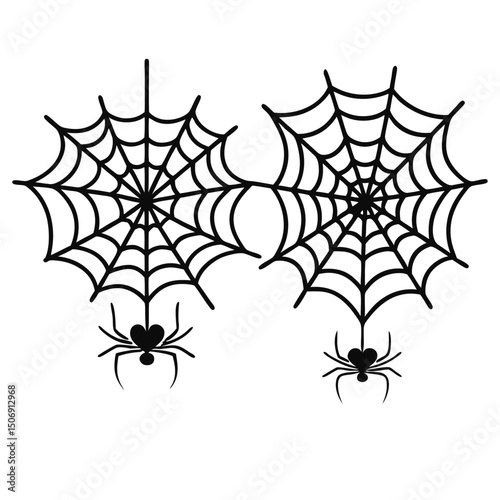  detailed line art illustration of two spider webs with heart shapes at their centers,