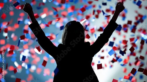 Silhouette of woman celebrating with falling confetti. Election winner concept	
