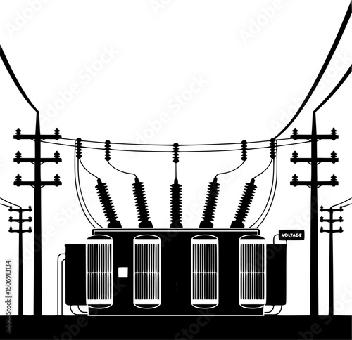 A graphic illustration of a power transformer with high voltage transmission towers.