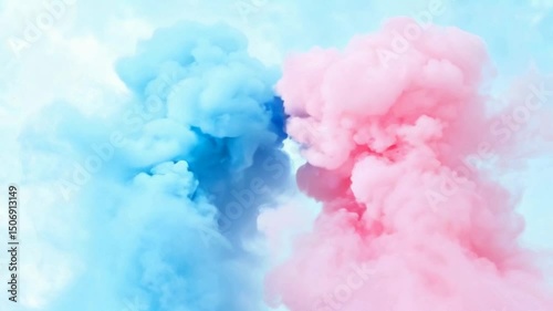 two puffs of smoke drifting through the air. One puff is soft baby blue, and the other is a delicate pink, creating a beautiful gender reveal concept in a natural, clear sky