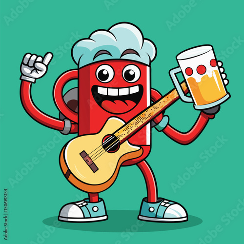 Cheerful cartoon mug playing guitar while holding beer mug on green background