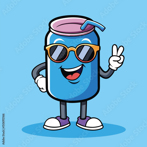 Cheerful cartoon soda can mascot character wearing sunglasses giving peace sign with smile