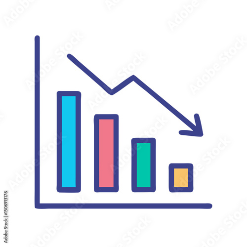 Decreasing bar graph with downward arrow on White Background