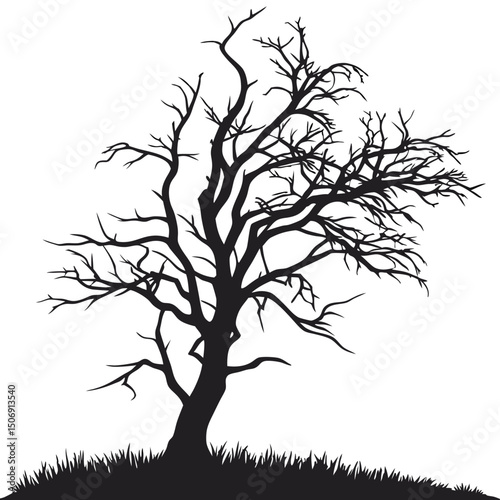 Silhouette of a bare tree on a hill with sparse grass and white conceptual illustration