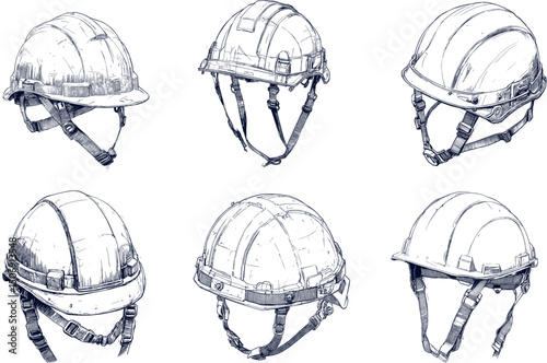 Six construction helmets isolated on white background, sketch style