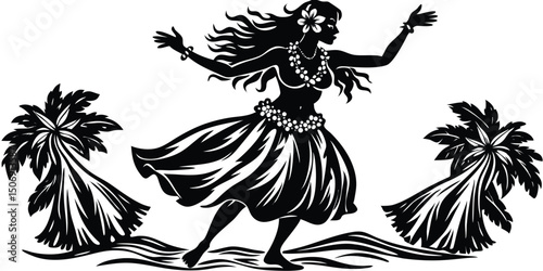 Silhouette of a hula dancer with flower and palm trees in a tropical beach scene