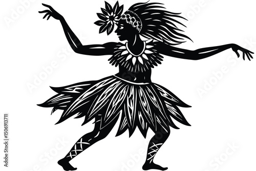 Silhouette of an elegant tribal dancer in motion displaying traditional costume elements with artistic and white composition
