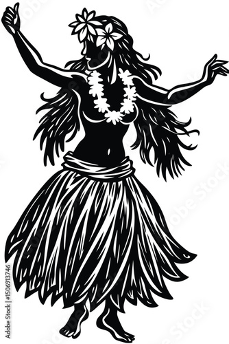 Silhouette of hula dancer with lei and flower crown performing traditional dance moves vector illustration