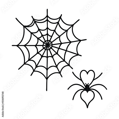  detailed line art illustration of two spider webs with heart shapes at their centers,