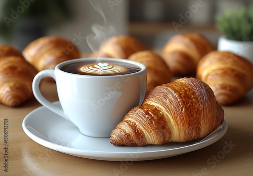 Coffee Cup and Croissant Mockup on Wooden Table

 photo