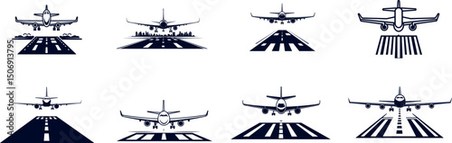 Airplanes landing on runways isolated on white background