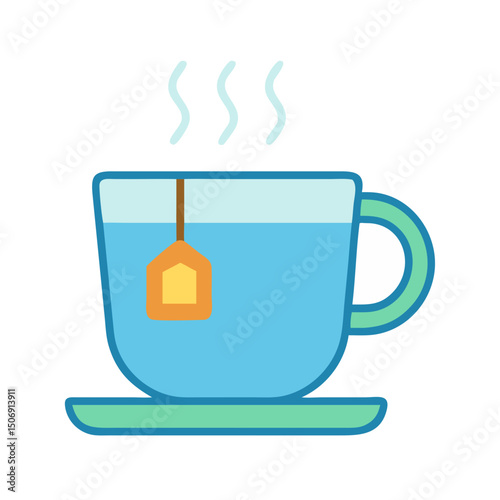 Stylized tea cup illustration with teabag, steam on White
