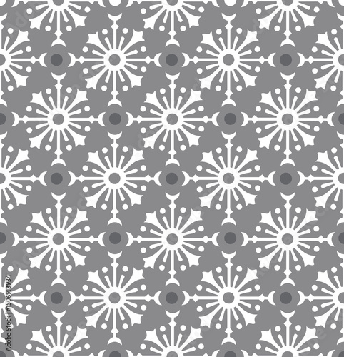 Seamless Pattern of Geometric Snowflakes. Gray Background- Christmas Snowflakes Vector Illustration