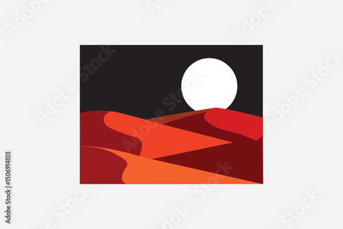 Minimalist vector Illustration: red desert sand dunes at night with full Moon