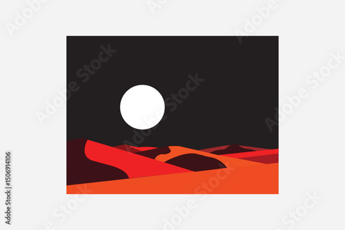 Minimalist vector Illustration: red desert sand dunes at night with full Moon
