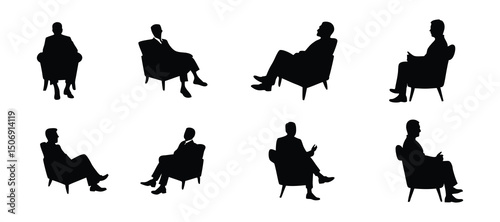 people sitting on a armchair in silhouette, business people relaxing in armchair black vector illustration.