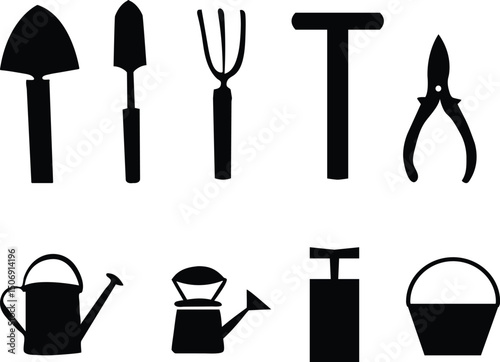 Vector set of gardening tools like shovel, trowel, rake and fork, black and white silhouette style, outdoor activity theme