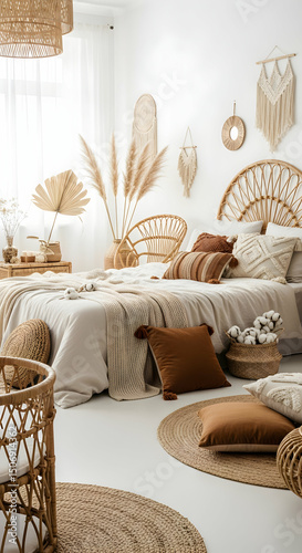 Bohemian Bedroom Decor Neutral Tones Woven Textures  Rattan Accents
