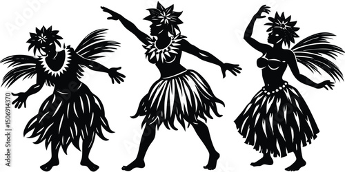 Three silhouette hawaiian hula dancers vector graphic with grass skirts and flower headdress celebrating cultural dance